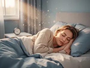 Spokojny, 50-letni mężczyzna śpiący w przytulnej sypialni w świetle poranka, co podkreśla znaczenie zdrowego wypoczynku.